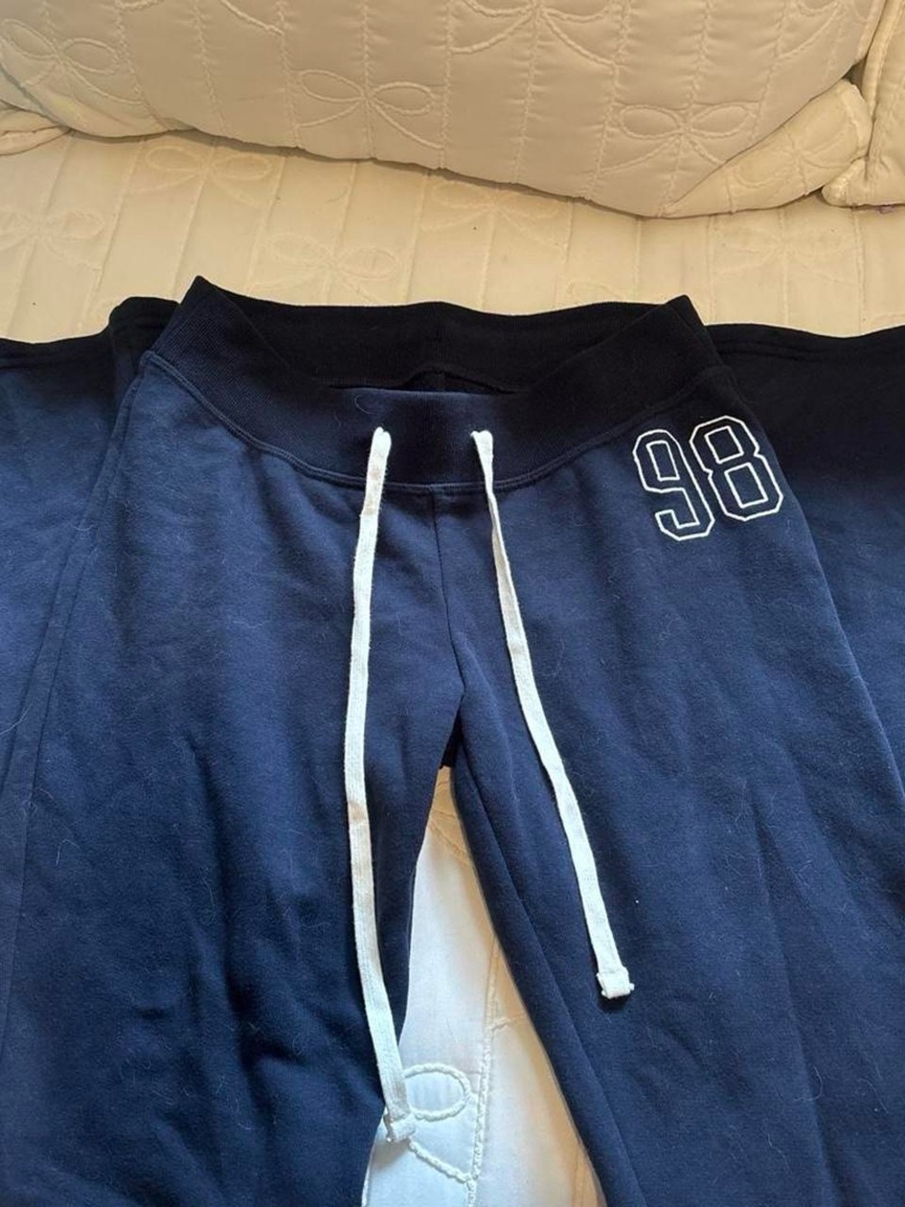 Hollister Navy Boot Cut Sweatpants with White Drawstring and '98 Patch - Picture 2 of 3